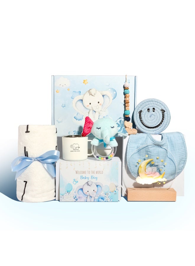 Gift Basket for Baby, Newborn Gift Set with Cute Elephant Rattle Soothing Toy Baby Blanket Moon Night Light(9 Pcs), The Best Choice for Expecting Parents Use or Gift Giving, Pink & Blue are Available - Image 2