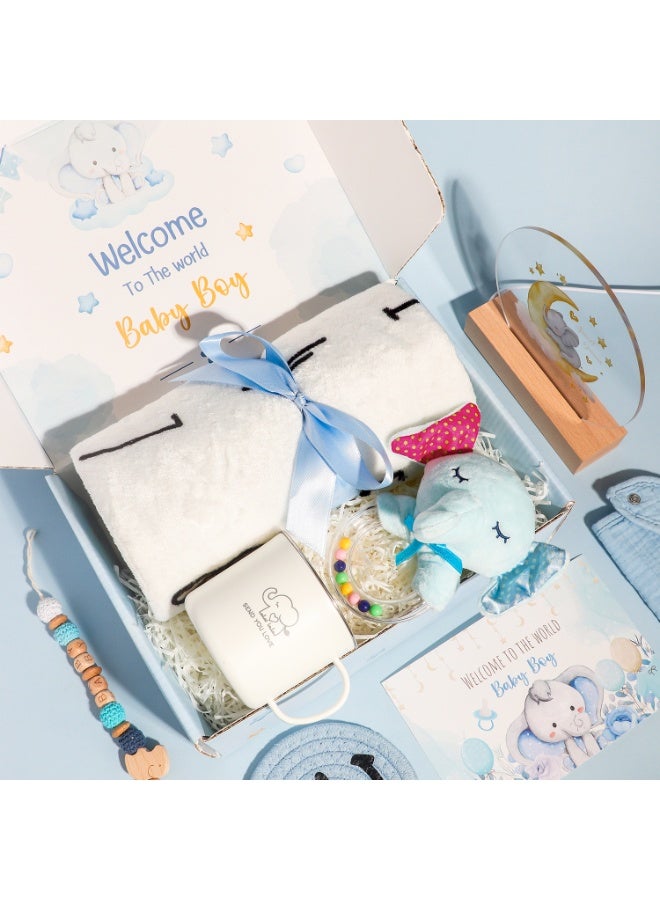 Gift Basket for Baby, Newborn Gift Set with Cute Elephant Rattle Soothing Toy Baby Blanket Moon Night Light(9 Pcs), The Best Choice for Expecting Parents Use or Gift Giving, Pink & Blue are Available - Image 4