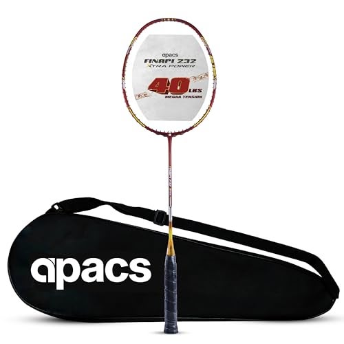Apacs أباكس فينابي 232 إكسترا باور (40LBS, 100% توب جريد UHM جرافيت ياباني) مضرب بدمينتون احترافي قوي بدون أوتار مع غطاء كامل مجاني (أحمر ذهبي) - Image 1