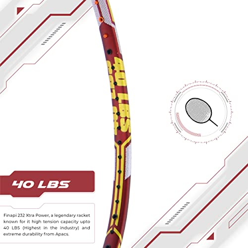 Apacs أباكس فينابي 232 إكسترا باور (40LBS, 100% توب جريد UHM جرافيت ياباني) مضرب بدمينتون احترافي قوي بدون أوتار مع غطاء كامل مجاني (أحمر ذهبي) - Image 3