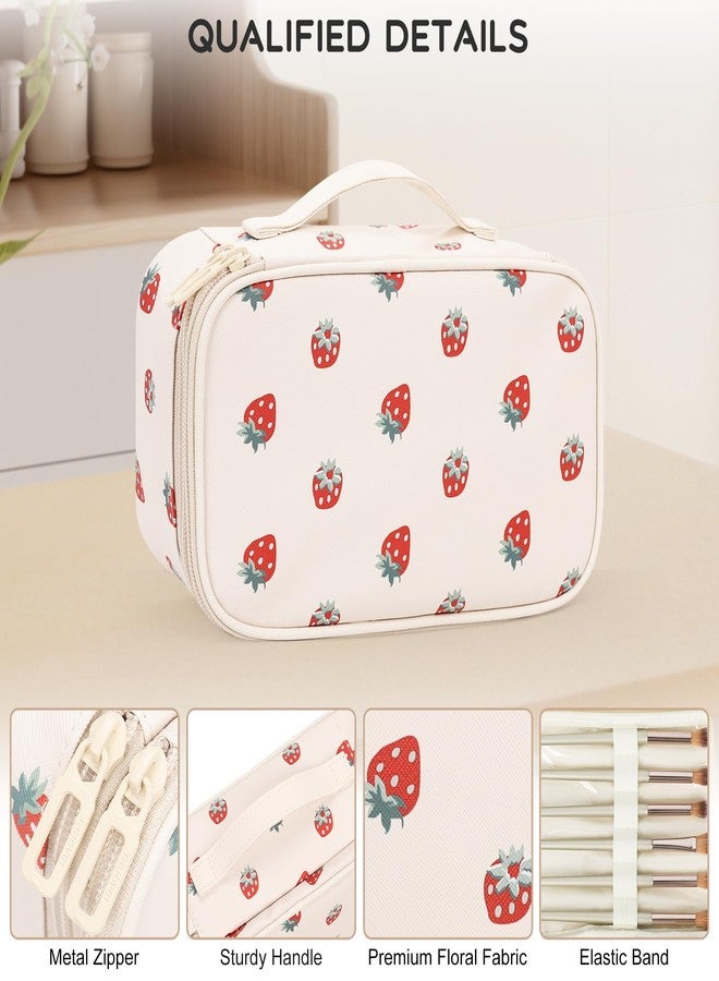 Relavel Makeup Bag, Small Makeup Bag for Women, Travel Cosmetic Bag, 2 Layers Waterproof Makeup Organizer Storage with Makeup Brush Holder, White Straberry - Image 4