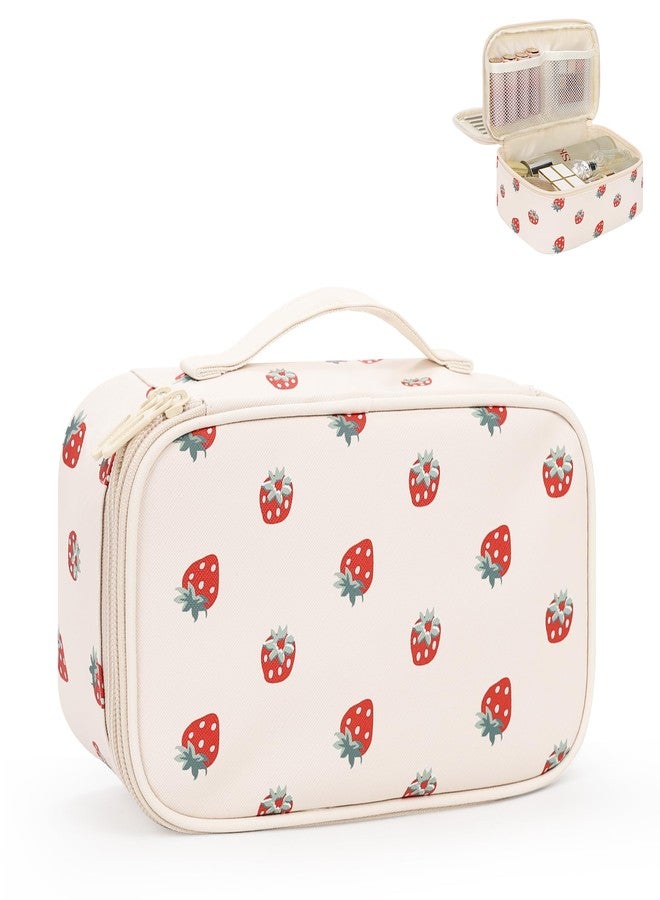 Relavel Makeup Bag, Small Makeup Bag for Women, Travel Cosmetic Bag, 2 Layers Waterproof Makeup Organizer Storage with Makeup Brush Holder, White Straberry - Image 1