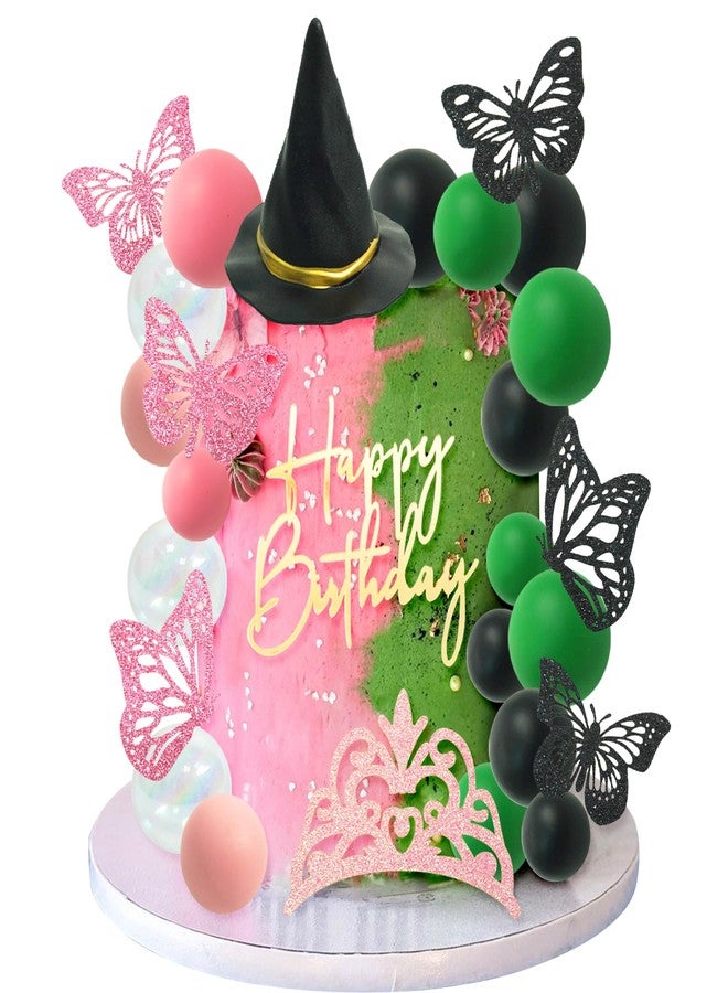 ZXSWEET 33 PCS Witch Cake Topper Crown Butterfly Cake Decoration with Green Pink Balls and Witch Hat for Witch Theme Birthday Party Supplies - Image 1