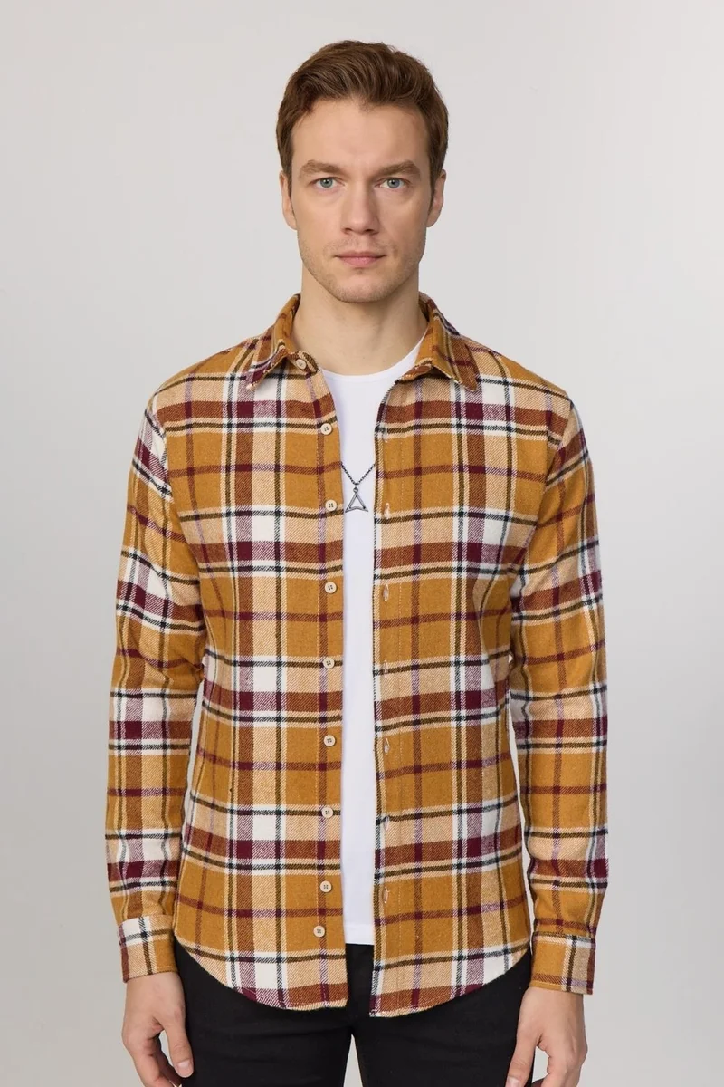 Tudors Slim Fit Checkered Lumberjack Mustard-White Men's Shirt