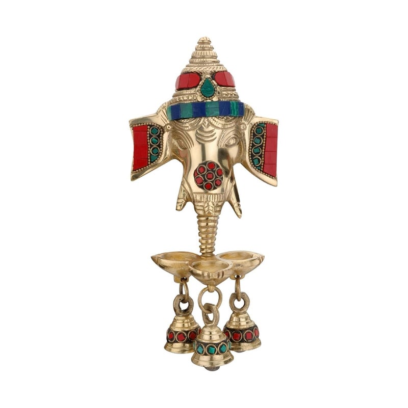 DEVDECOR Gemstone Work Brass Ganesha Wall Hanging Diya with Bells for Home Decor Brass Hanging Diyas Oil Lamp Diwali Gifts Diyas for Diwali Ghanti for Pooja Temple Decor Pack of 1