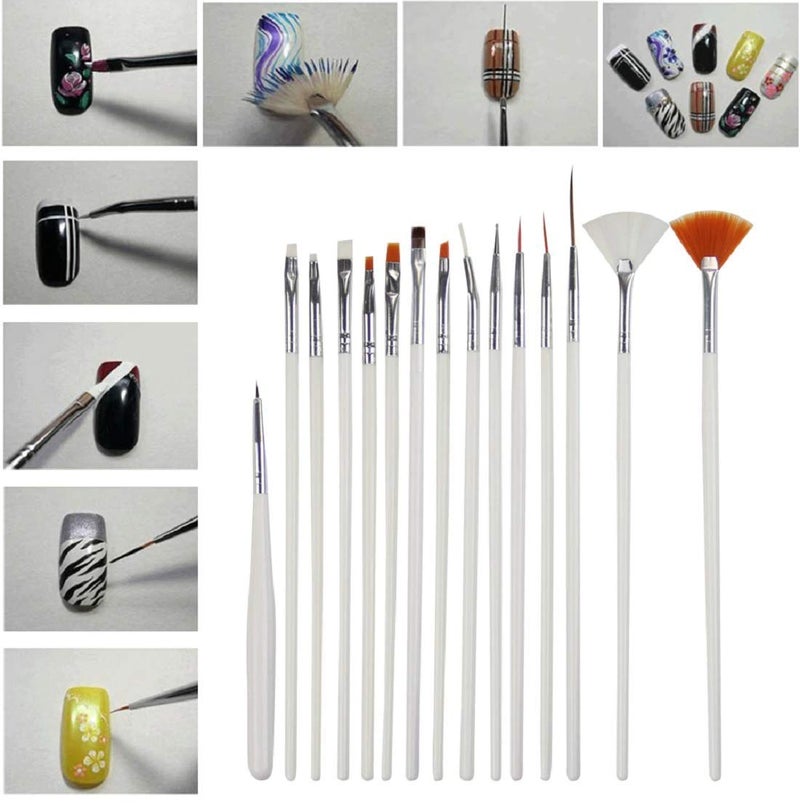 Mf ® UV Gel Acrylic Nail Painting Brushes/Drawing Pen/Nail Art Design Painting Tool Pen Polish Nail Brush Set Of - 15 Pieces - White. - Image 1