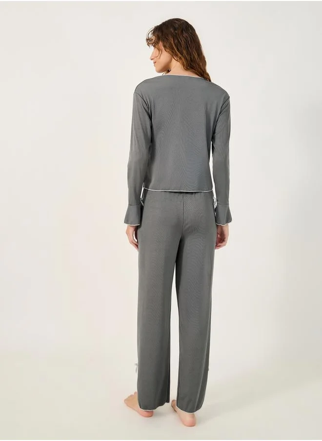 ستايلي Solid Lettuce Edge Hem Button Front Top and Pyjama Pants Set with Bow Detail