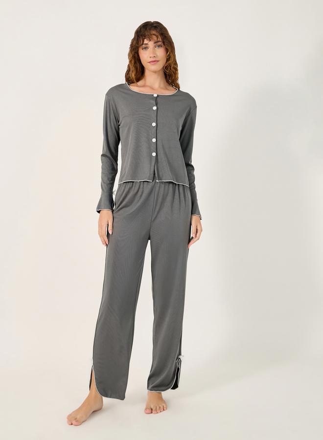 Styli Solid Lettuce Edge Hem Button Front Top and Pyjama Pants Set with Bow Detail  - Image 1