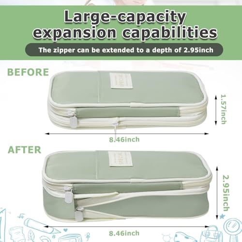 DOUSHI Expandable Large Capacity Canvas Pencil Case | Multi-Compartment Stationery Organizer for School Students | Washable Pen Pouch for Kids Boys Girls (Green) - Image 2