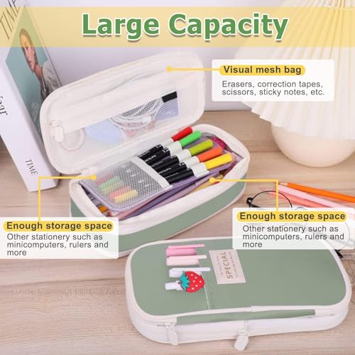 DOUSHI Expandable Large Capacity Canvas Pencil Case | Multi-Compartment Stationery Organizer for School Students | Washable Pen Pouch for Kids Boys Girls (Green) - Image 3