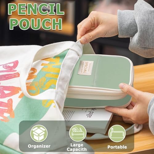 DOUSHI Expandable Large Capacity Canvas Pencil Case | Multi-Compartment Stationery Organizer for School Students | Washable Pen Pouch for Kids Boys Girls (Green) - Image 4