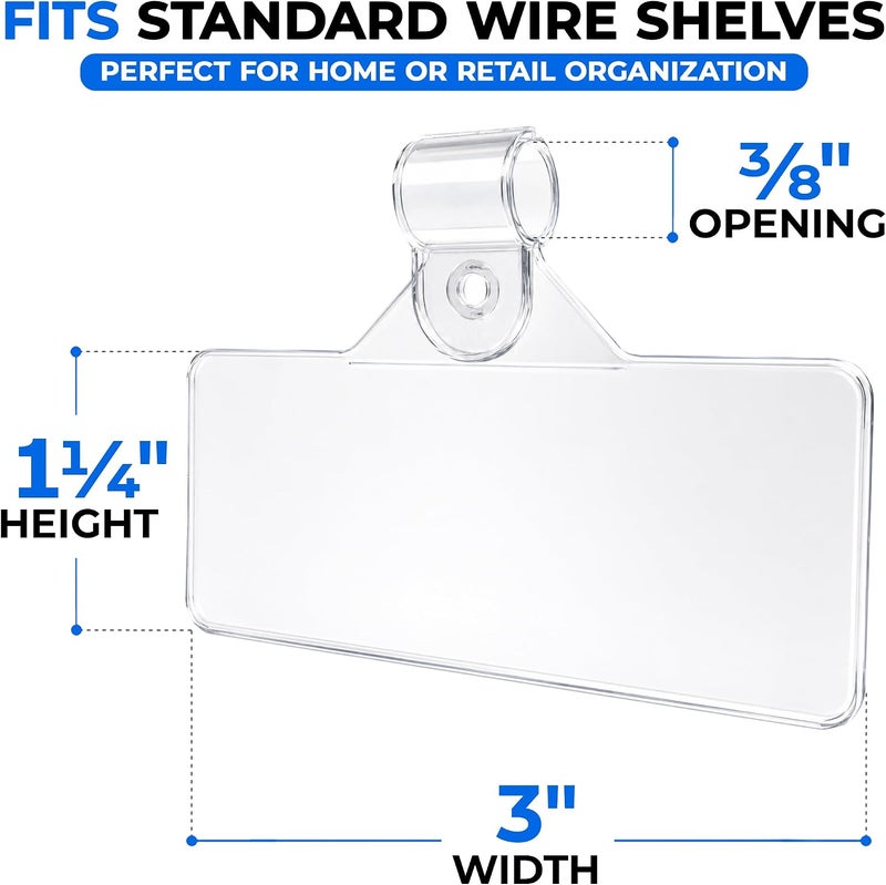 Gluposti 25 Clear Plastic Wire Shelf Label Holders for Adhesive Labels, Professional Display Retail Price Tag Ticket Hanger Clips, Snap On Pantry Sign Label Holder for Wire Shelves & Baskets (3" W x 1.25" H) - Image 2