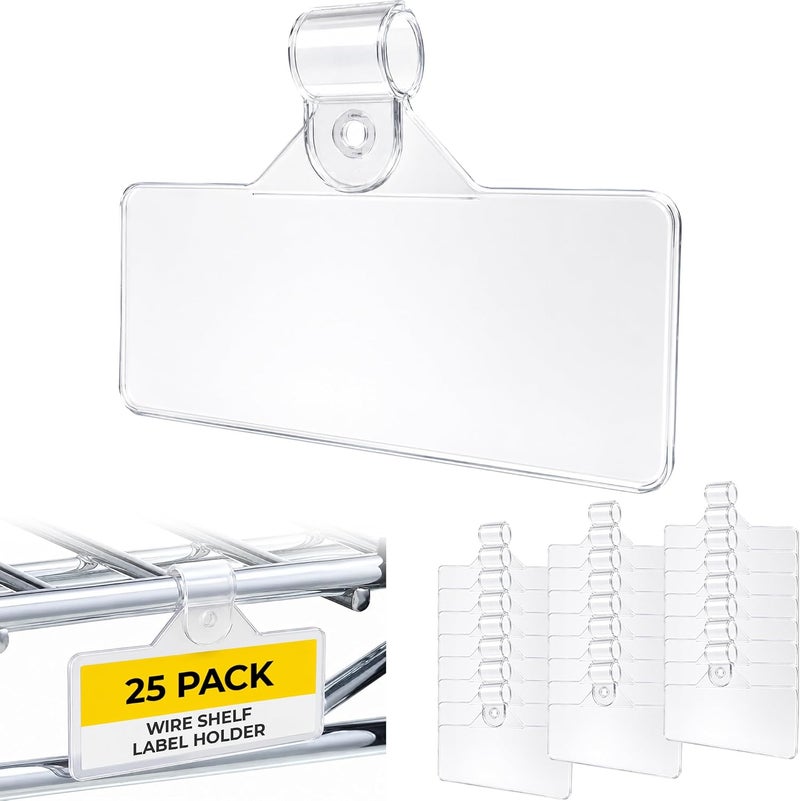 Gluposti 25 Clear Plastic Wire Shelf Label Holders for Adhesive Labels, Professional Display Retail Price Tag Ticket Hanger Clips, Snap On Pantry Sign Label Holder for Wire Shelves & Baskets (3" W x 1.25" H) - Image 1
