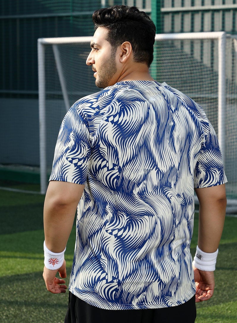 Instafab Plus Men's Indigo Blue & Cream White Abstract-Stroke Activewear T-Shirt - Image 5