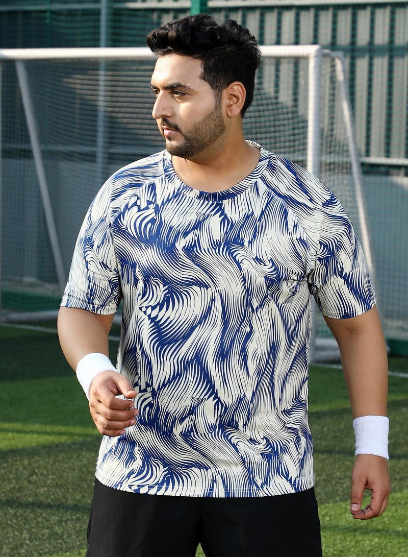 Instafab Plus Men's Indigo Blue & Cream White Abstract-Stroke Activewear T-Shirt - Image 2