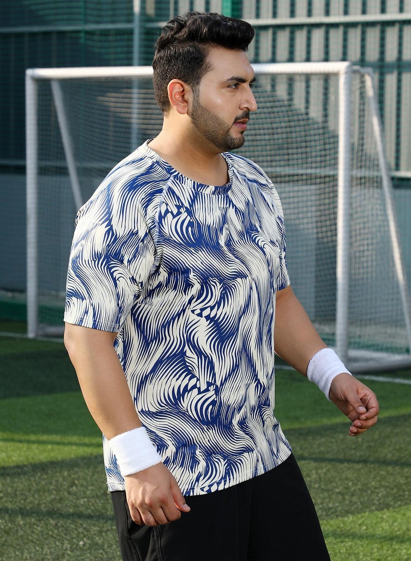 Instafab Plus Men's Indigo Blue & Cream White Abstract-Stroke Activewear T-Shirt - Image 3