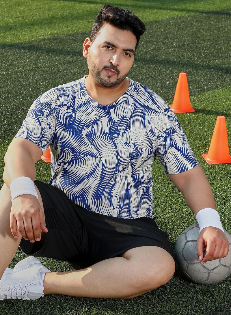 Instafab Plus Men's Indigo Blue & Cream White Abstract-Stroke Activewear T-Shirt - Image 1