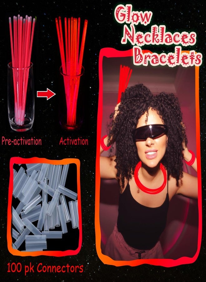 ILHSTY 100 Pcs 8'' Red Glow Sticks Glow Necklaces In The Dark Party Favors Supplies Bright GlowSticks Bulk with Accessories for Birthday Christmas New Year Halloween 4th of July Neon Party (Red*100) - Image 3