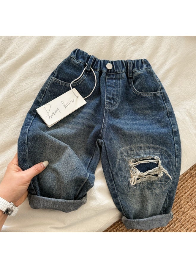 Children's Long Pants 2026 Squinting Eyes Spring Boys And Girls Korean Style Ripped Jeans Baby Trendy Straight-leg Pants