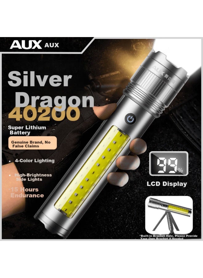 Aux Silver Dragon High-power Flashlight Zoomable Super Bright Side Light Outdoor Patrol Home Night Fishing Long-range Ultra-long Battery Life Portable