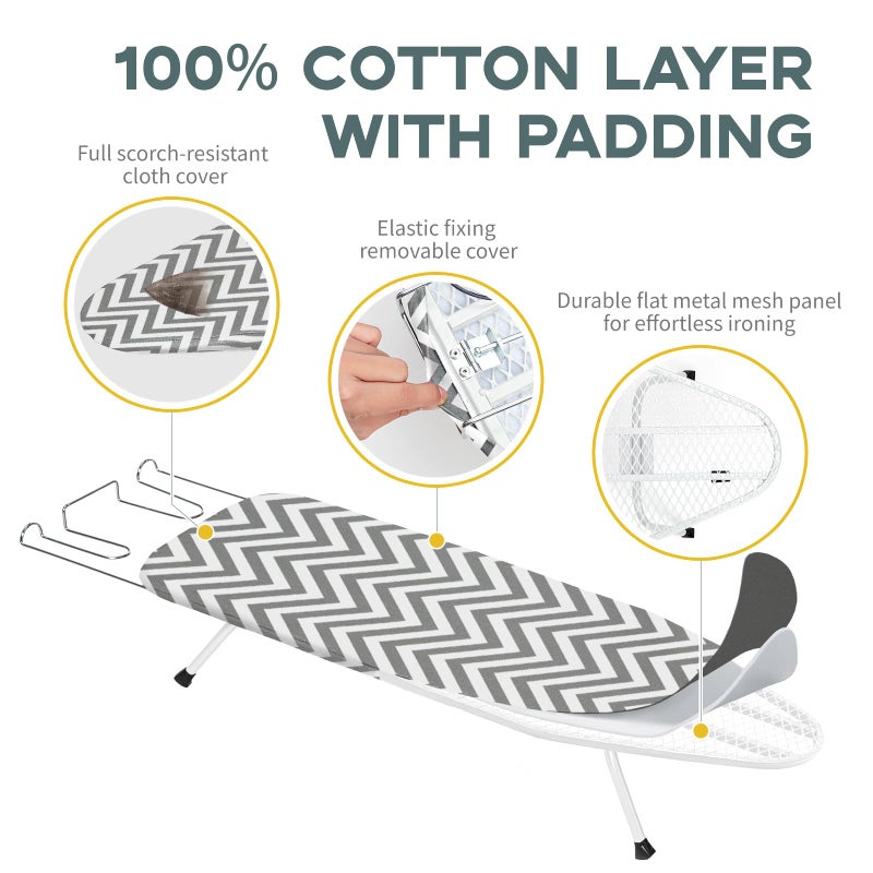 RAINHOL Folding Ironing Board for Small Space, RAINHOL Mini Collapsible Ironing Boards, with Hook, Iron Rest, Heat-Resistant 100% Cotton Cover and Pad, Gray and White Stripes, 31" x 12", Steel Mesh - Image 2