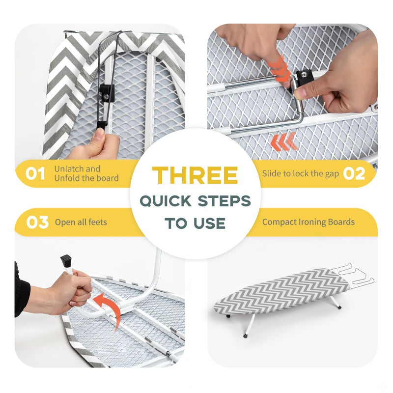 RAINHOL Folding Ironing Board for Small Space, RAINHOL Mini Collapsible Ironing Boards, with Hook, Iron Rest, Heat-Resistant 100% Cotton Cover and Pad, Gray and White Stripes, 31" x 12", Steel Mesh - Image 5