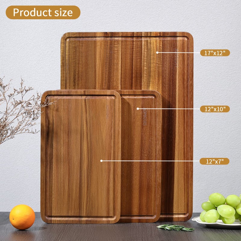 ADMKERS Wood Cutting Boards Set of 3 for Kitchen, Thick Chopping Board, Large Wooden Cutting Board Set with Deep Juice Groove and Handles, Wooden trays for meat, fruit and cheese (17x12, 12x10, 12x7 inch) - Image 2