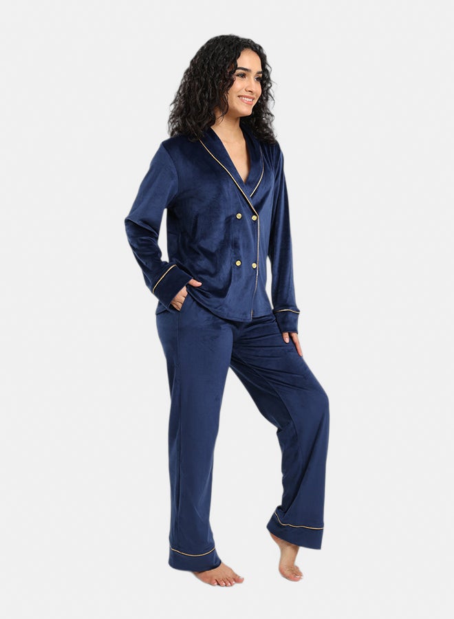 Carina Women’s Velvet Regular Fit Double-Breasted Pyjama Set – Navy - Image 2
