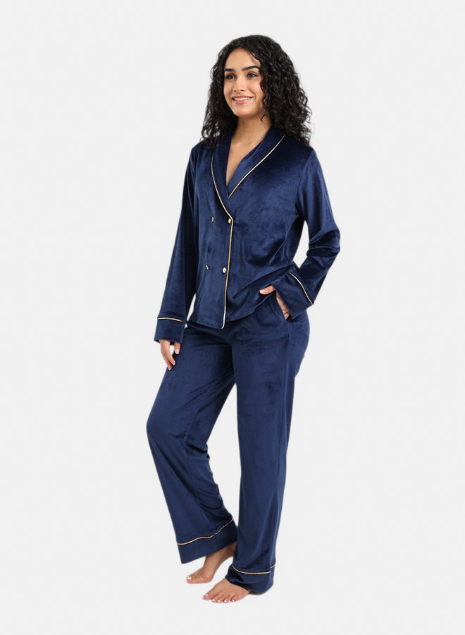 Carina Women’s Velvet Regular Fit Double-Breasted Pyjama Set – Navy - Image 3