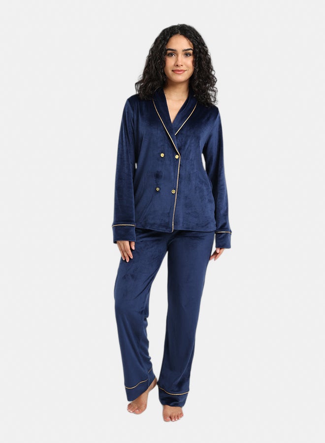 Carina Women’s Velvet Regular Fit Double-Breasted Pyjama Set – Navy - Image 1