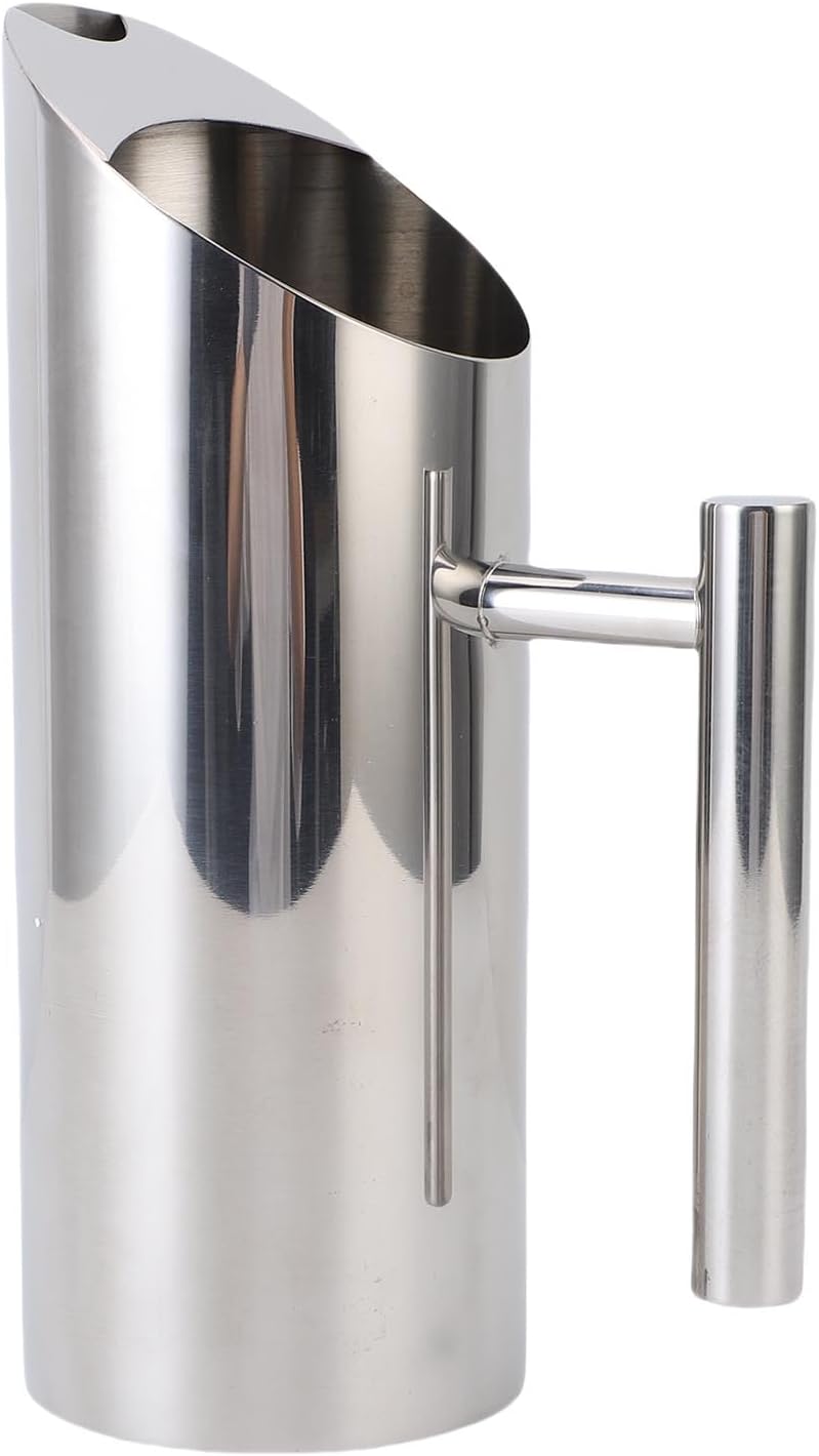 Naroote 1L Stainless Steel Water Pitcher, Modern Metal Water Pitcher with Ice Guard, Milk Carafe Frothing Cup Cold Hot Jug Restaurant Beverage Drink Jug (Silver) - Image 1