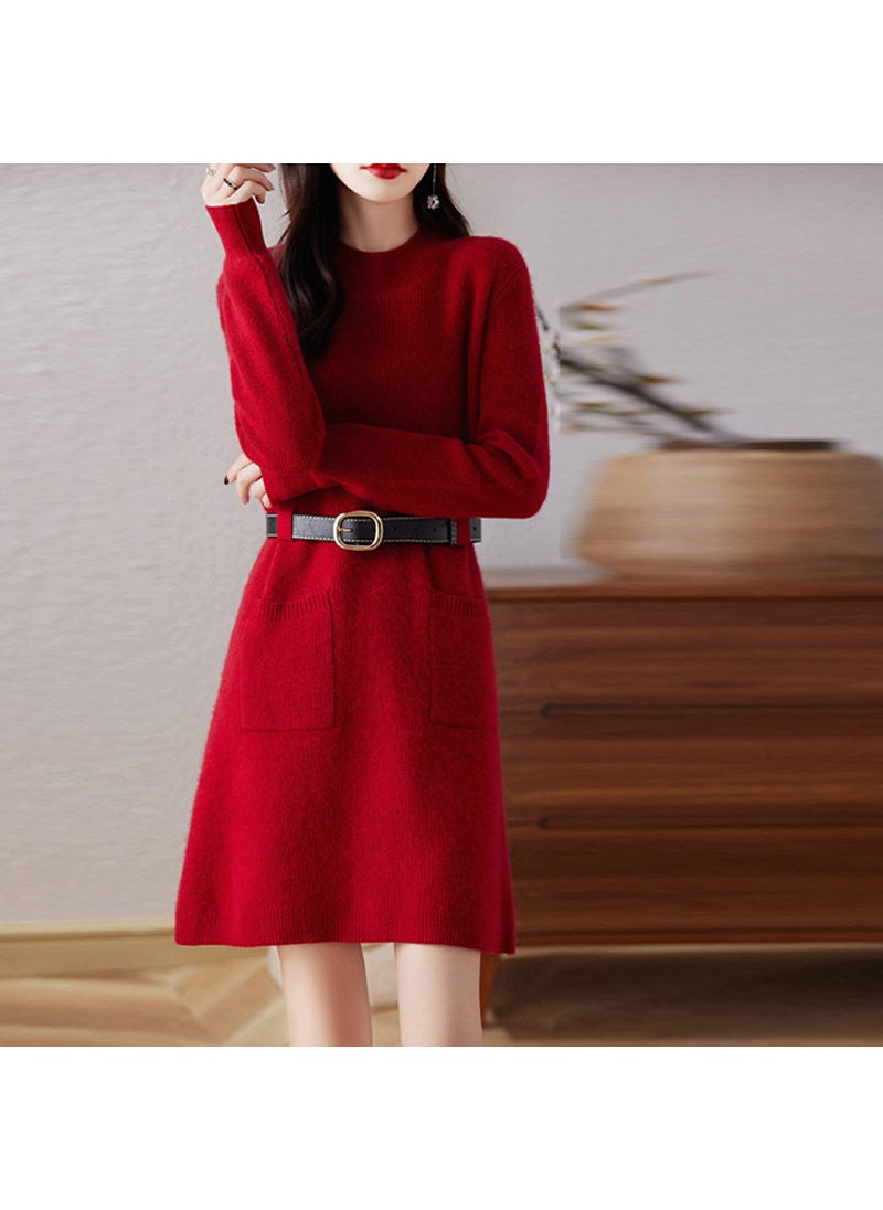 Generic Autumn New Half-Polo Turtle Neck Wool Top Womens Medium-Length Dress Knit Base Layer French Style Sweater With Pockets Camel  - Image 2