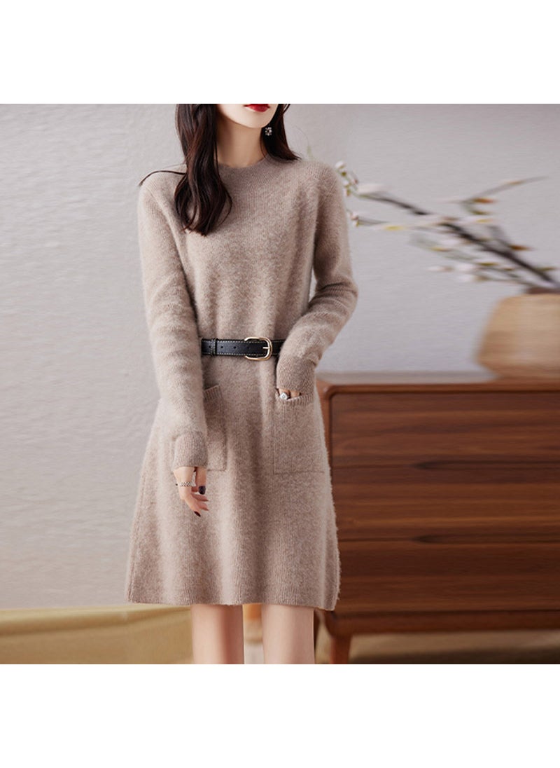 Generic Autumn New Half-Polo Turtle Neck Wool Top Womens Medium-Length Dress Knit Base Layer French Style Sweater With Pockets Camel  - Image 1
