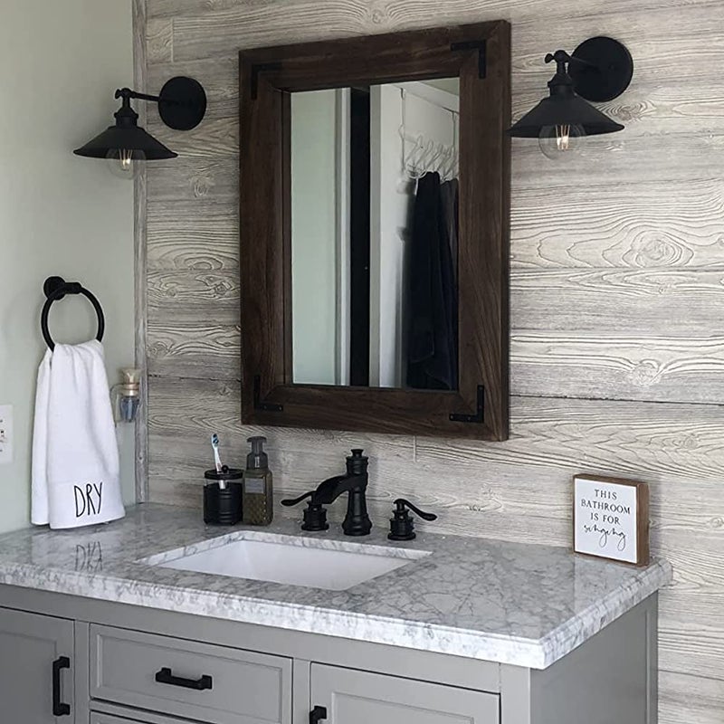 YOSHOOT Rustic Wooden Framed Wall Mirror, Natural Wood Bathroom Vanity Mirror for Farmhouse Decor, Vertical or Horizontal Hanging, 32" x 24",Black - Image 4