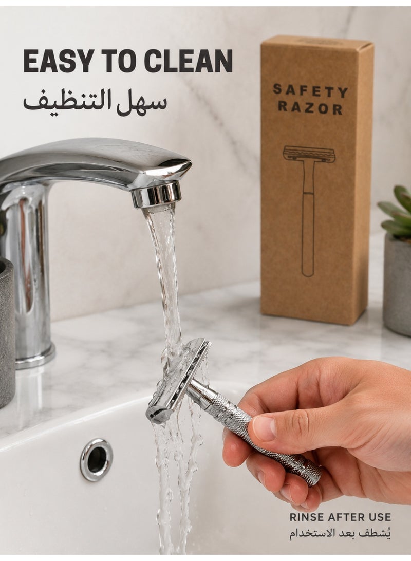 Double Edge Safety Razor, Closed Comb Non-Slip Handle Reusable Safety Razor for Women & Men with 10pc Blades Personal beard care shaver set beauty tools-Sliver - Image 5