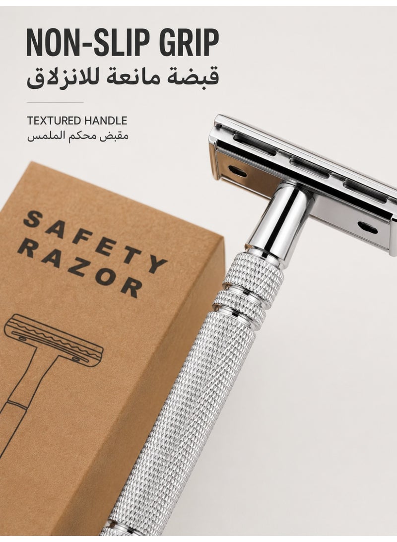 Double Edge Safety Razor, Closed Comb Non-Slip Handle Reusable Safety Razor for Women & Men with 10pc Blades Personal beard care shaver set beauty tools-Sliver - Image 2
