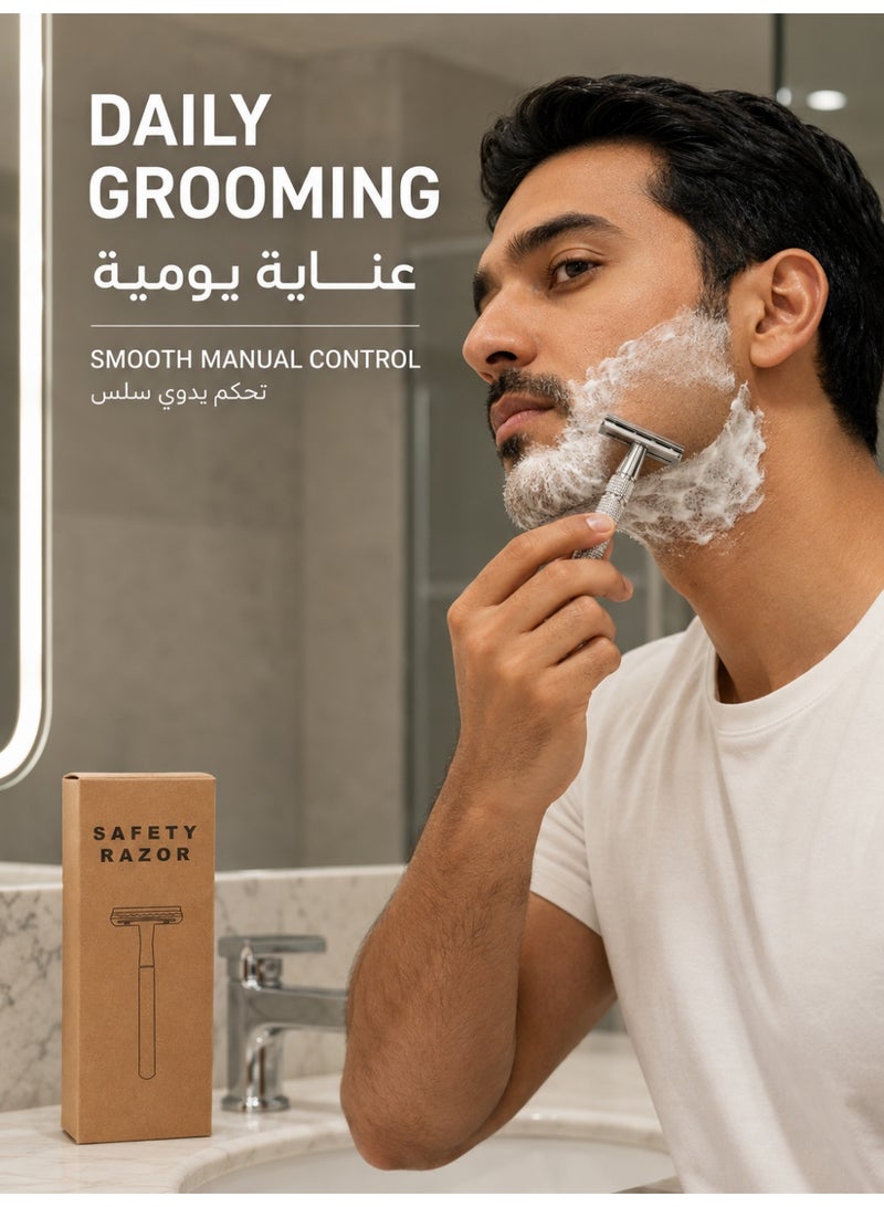 Double Edge Safety Razor, Closed Comb Non-Slip Handle Reusable Safety Razor for Women & Men with 10pc Blades Personal beard care shaver set beauty tools-Sliver - Image 3