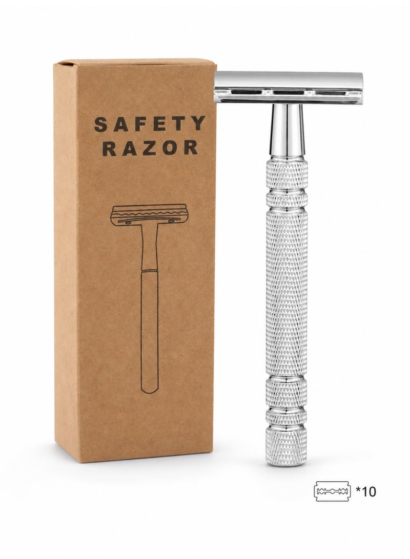 Double Edge Safety Razor, Closed Comb Non-Slip Handle Reusable Safety Razor for Women & Men with 10pc Blades Personal beard care shaver set beauty tools-Sliver - Image 1