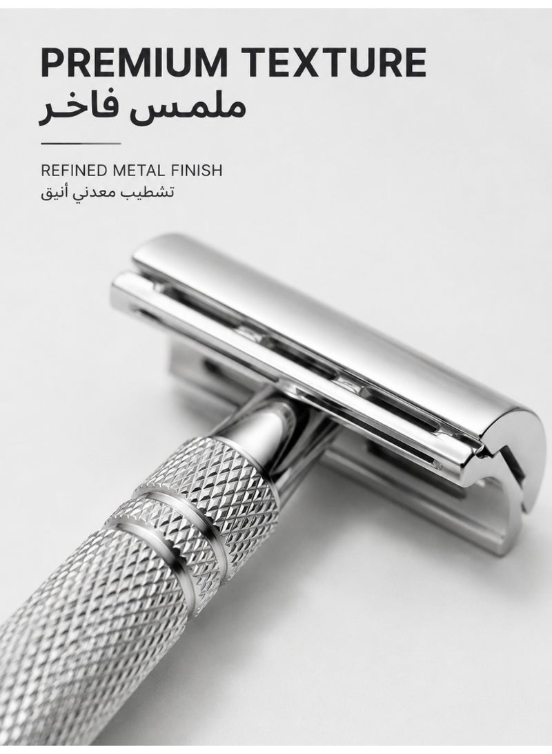 Double Edge Safety Razor, Closed Comb Non-Slip Handle Reusable Safety Razor for Women & Men with 10pc Blades Personal beard care shaver set beauty tools-Sliver - Image 4