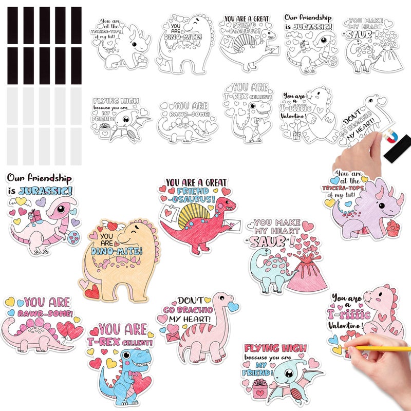 JAPBOR Valentineâ€™s Day Coloring Craft Kit - 30PCS Color Your Own Valentine Dinosaur Magnet for Kid, Sweet Animals Themed DIY Colour Fridge Magnetic Stickers for Class Draw Paint Activities Party Favor - Image 1