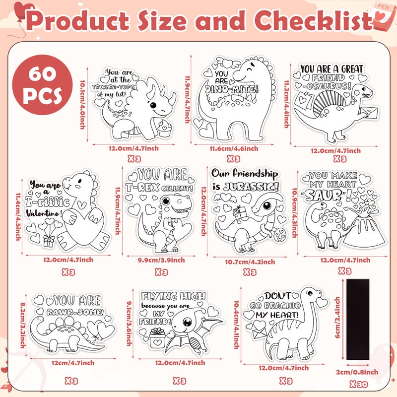 JAPBOR Valentineâ€™s Day Coloring Craft Kit - 30PCS Color Your Own Valentine Dinosaur Magnet for Kid, Sweet Animals Themed DIY Colour Fridge Magnetic Stickers for Class Draw Paint Activities Party Favor - Image 2