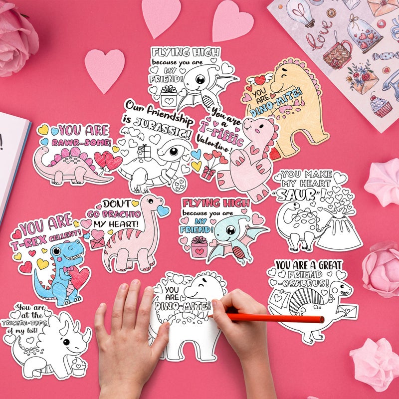 JAPBOR Valentineâ€™s Day Coloring Craft Kit - 30PCS Color Your Own Valentine Dinosaur Magnet for Kid, Sweet Animals Themed DIY Colour Fridge Magnetic Stickers for Class Draw Paint Activities Party Favor - Image 4