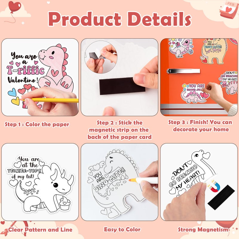 JAPBOR Valentineâ€™s Day Coloring Craft Kit - 30PCS Color Your Own Valentine Dinosaur Magnet for Kid, Sweet Animals Themed DIY Colour Fridge Magnetic Stickers for Class Draw Paint Activities Party Favor - Image 3