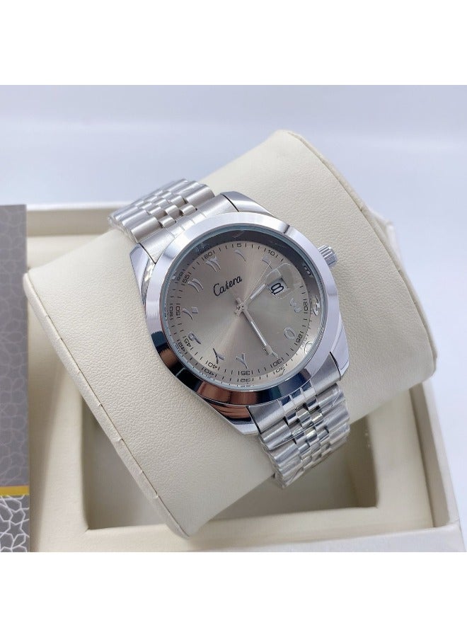 كاتيرا ساعة يد رجالية ضد الماء و بجودة عالية ستيل, مستوحاة من ساعات روليكس الشهيرة - سوار فضي مع ميناء رمادي