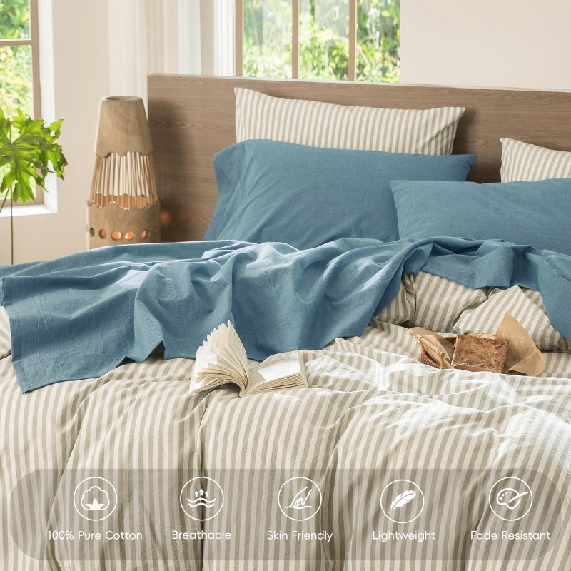 MooMee Bedding Sheet Set 100% Washed Cotton Linen Like Textured Breathable Durable Soft Comfy (Heathered Peacock Blue, Queen) - Image 4