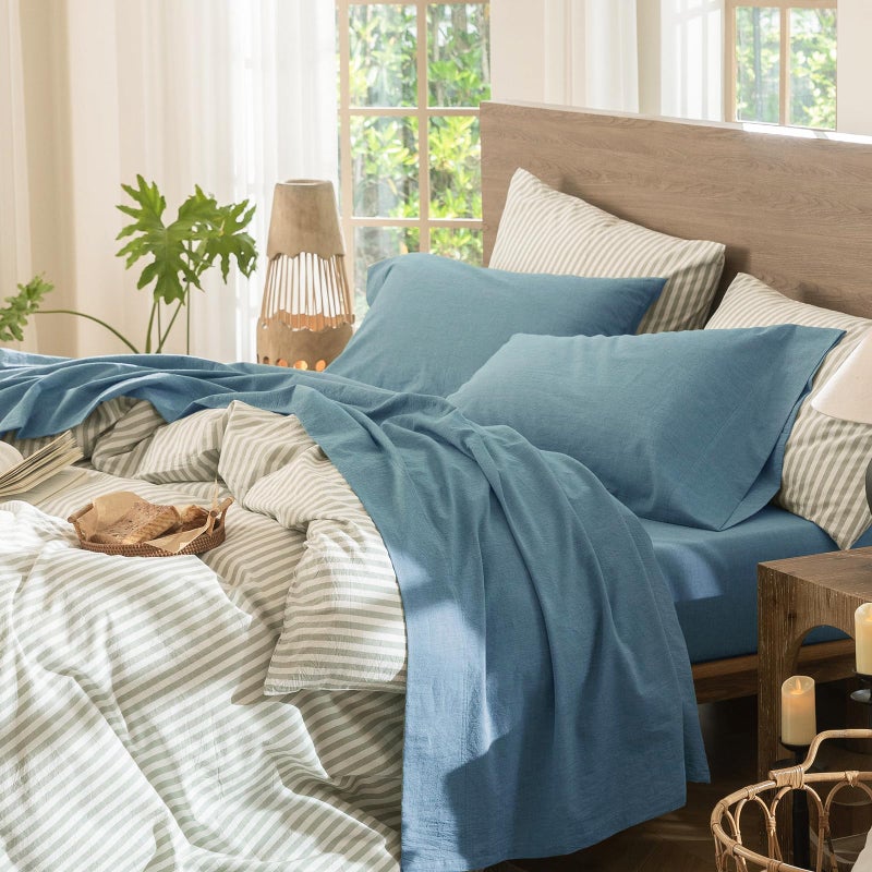 MooMee Bedding Sheet Set 100% Washed Cotton Linen Like Textured Breathable Durable Soft Comfy (Heathered Peacock Blue, Queen) - Image 1