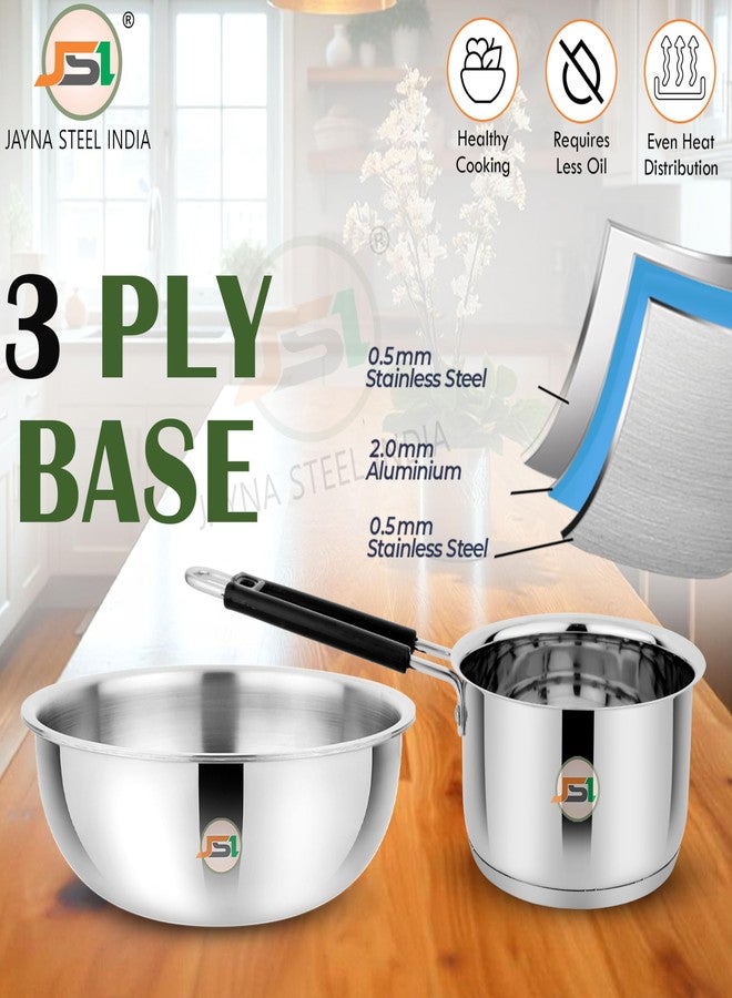JSI 304 Grade Steel Cookware Tasla & Saucepan Set of 4 Pcs (1500 ML & 2000 ML Each) Heavy-Duty Induction Base Cookware with Triply Bottom - Steel Cooking Essential Set - Image 5