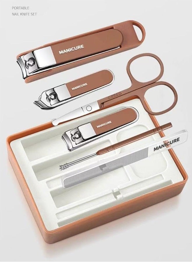 Splash-Proof Stainless Steel Nail Clipper Set, 6-Piece Nail Clipper Set, Nail Clipper Repair Tool (Nano Glass File For Shiny Nails, Double Repair + Ear Spoon + Eyebrow Scissors + Diag - Image 1