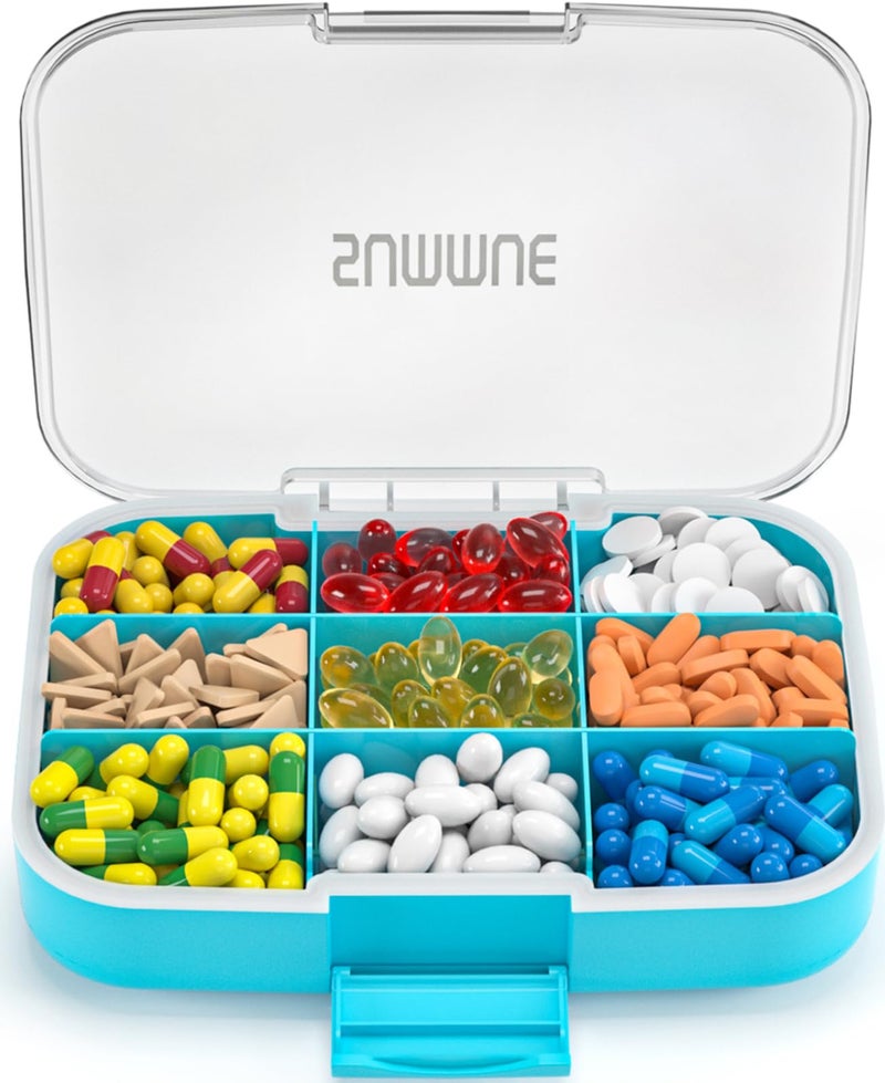 SUMMUE Large Pill Organizer 9 Compartments Portable Travel Pill Box Case Moisture Proof XL Pill Container Holder for Vitamins Cod Liver Oil Supplements Medication Blue