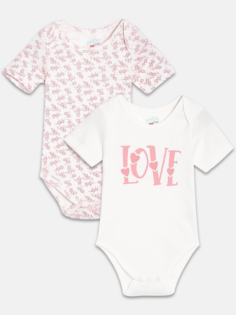 Broon Infant Girls White and Pink Printed Pure Organic Cotton Bodysuit Pack of 2 - Image 1